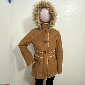 Esprit Women Coat Brown Faux Fur Suede Hood Toggle Zips Snaps Pockets Mid-Length